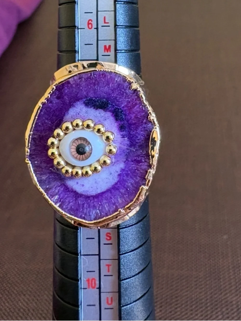 Purple Druzy Geode Evil Eye Ring with Gold Trim Adjustable